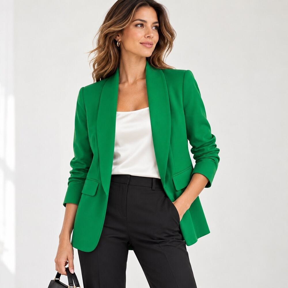 KIRUNDO Emerald Green Stretch Blazer Shawl Collar Lined Business Work Jacket